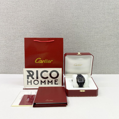 까르*에 산토스 올블랙 (다크워리어) 러버밴드 라지 47.5mm×39.8mm 1:1 최상급 (싱크 98.6%)